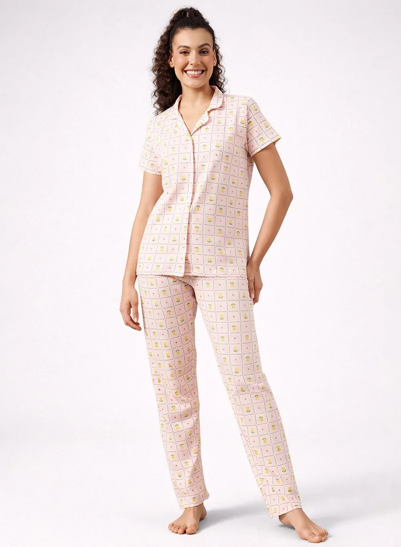 كلوفيا Printed Button-Down Shirt & Pyjama Set in Peach Colour - 100% Cotton